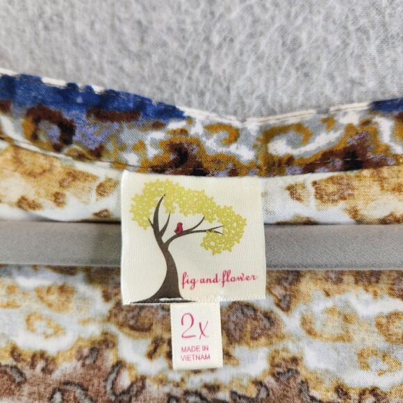 Fig Flower Top Womens 2X Brown Blue Striped Tie Dye Pintuck Rayon Boho Peasant - Picture 8 of 14